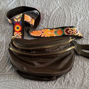 Black Crossbody Bum Bag with Floral Embroidered Strap